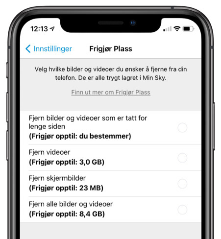 Du bestemmer selv hvilke filer Frigjør Plass-funksjonen skal lete etter før du sletter noe.